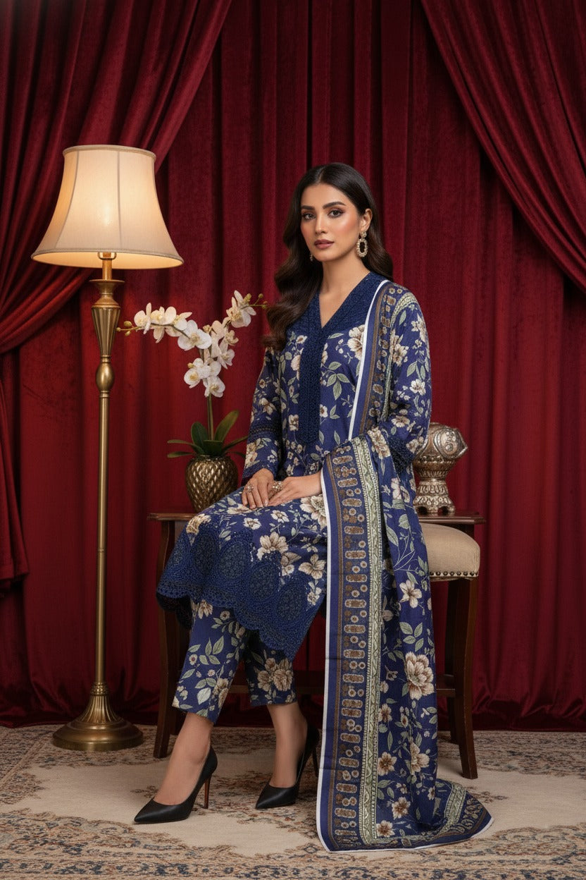 Floral Printed 3-Piece Khaddar Suit