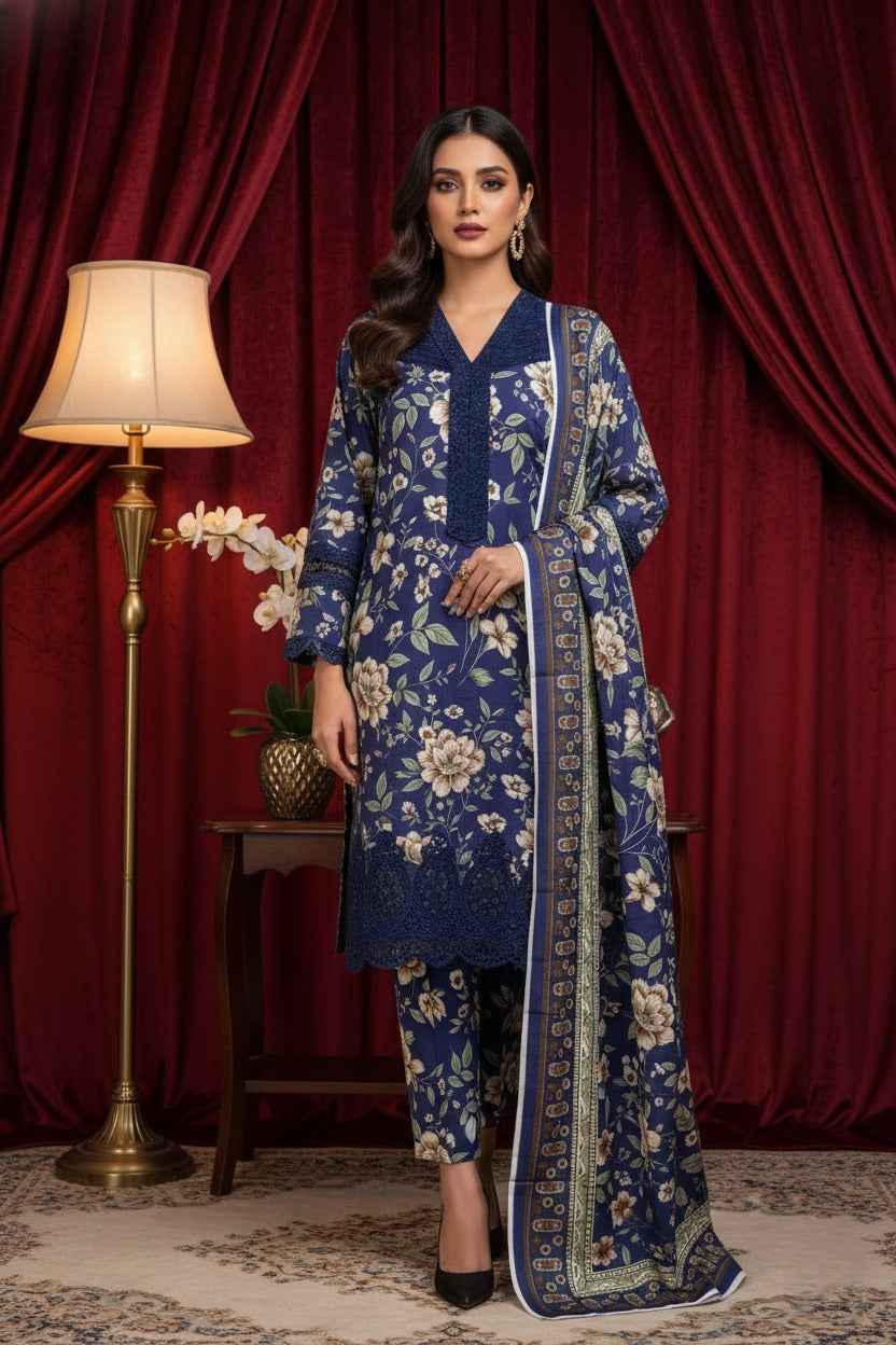 Floral Printed 3-Piece Khaddar Suit