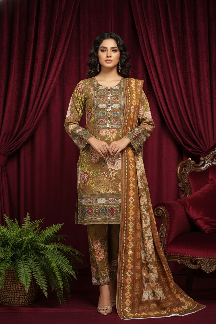 Classic Printed 3-Piece Khaddar Suit