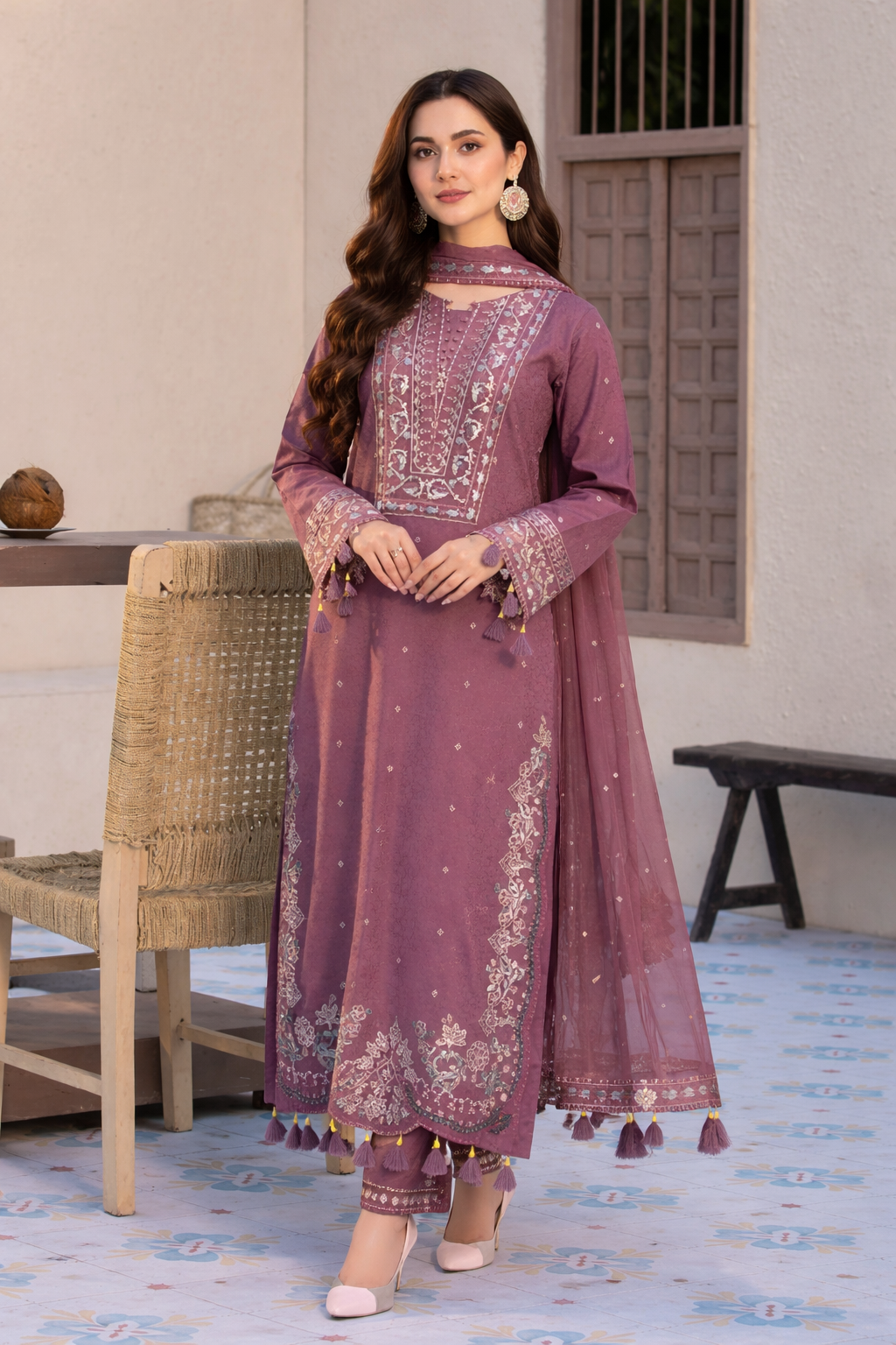 DUSTY ROSE 3PC - EMBROIDERED DRESS